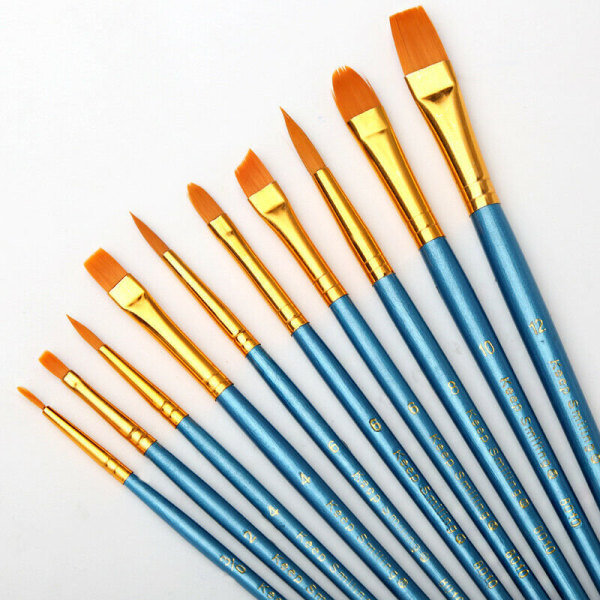 10-pack penslar för akvarell, akryl, olja - blåa trähandtag Blå
