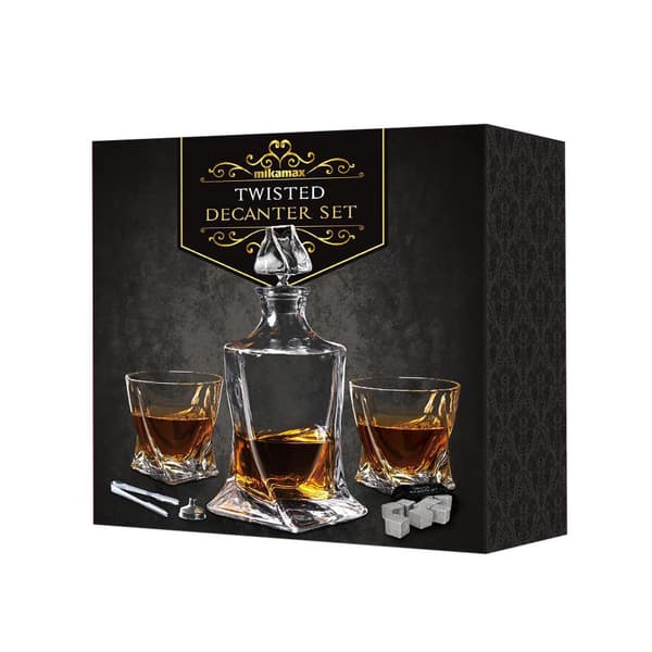 Elegant Karaffset: Kristallglas, Whiskystenar & Träförvaring Transparent