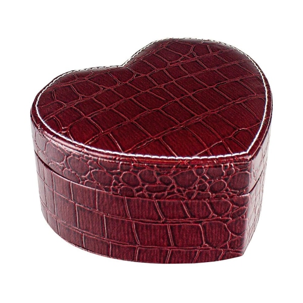 Hjärtformat smyckeskrin: 7 fack, spegel & läderimitation Vin, röd
