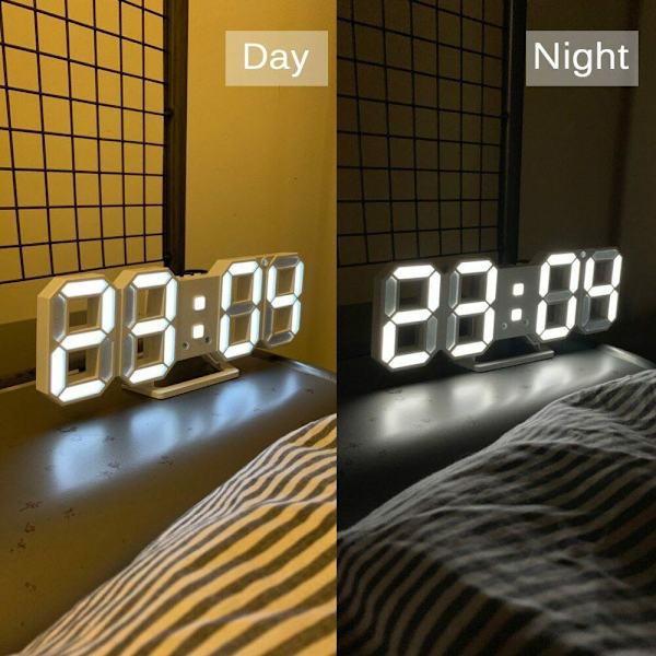 Stilren 3D Digital Klocka: Alarm, Ljussensor & Tempvisning Vit