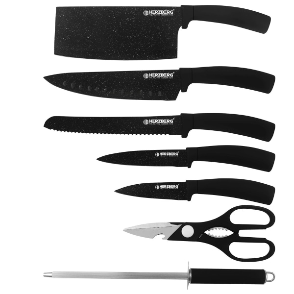Komplett Knivset: 5 Knivar, Sax, Slip & Roterbart Ställ Svart
