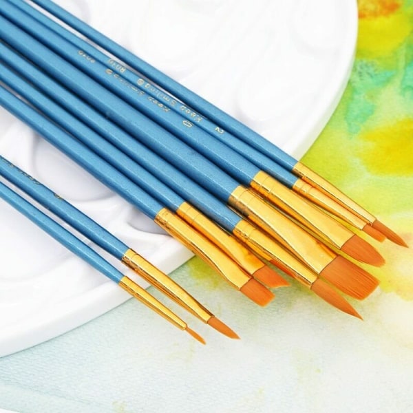 10-pack penslar för akvarell, akryl, olja - blåa trähandtag Blå