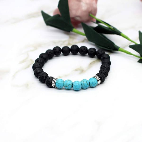 Vulkansten Armband: Balans, Rotchakra, 17cm, Turkos & Svart Svart