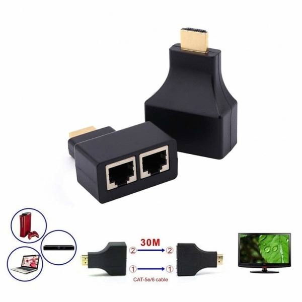 HDMI-förlängning 30m: 1080p, 2x Adaptrar, RJ45 Cat 5e/6 Svart