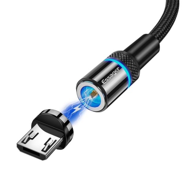 Magnetisk Micro USB-laddkabel med LED-lampa & nylonklädd Svart