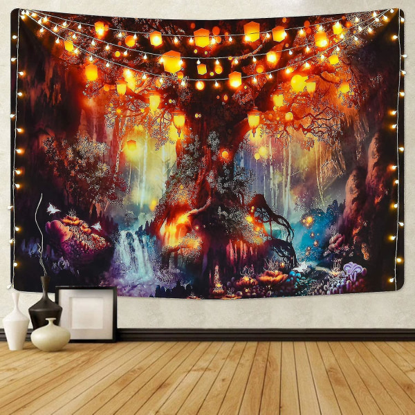 Fantasy Forest Tapestry Magical Tree Of Life Tapestry Mystisk skinnende lanterner Tapestry Waterfalls Under Gamle fortryllede Trætapetæppe til værelset