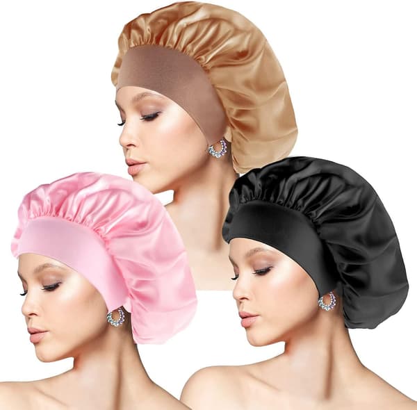 3 stk. Silke Bonnet, Satin Hår Bonnet Til At Sove Med Bred Elastisk Bånd Satin Søvn Cap Til Kvinder Piger