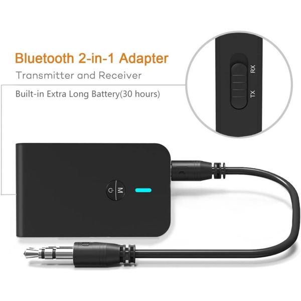 Bluetooth 5.0 Sender og Mottaker, 2-i-1 Trådløs 3,5 mm Adapter Mini Bærbar 3,5 mm Jack, Lav Latenst for PC/TV/Bilsystem/Wir Black