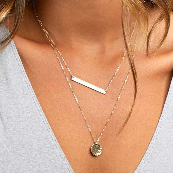 Fint lagdelt choker-kjede, håndlaget 14K gullbelagt Y-anheng kjede flerlags stangskive kjede justerbart lagdelt choker-kjede for kvinner 3PCS  Amethyst&Bar&Hammered Disc 3PCS  Chain&Bar&Hammered Disc