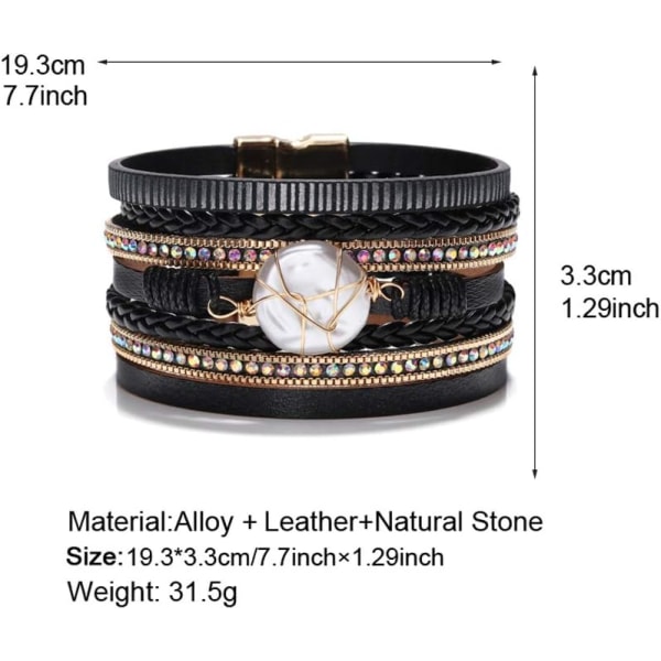 Leopard Armbånd for Kvinner, Boho Lær Wrap Multi-Layer Perle Krystall Armbånd Smykker B14Round Pearl(Black) A7Feather