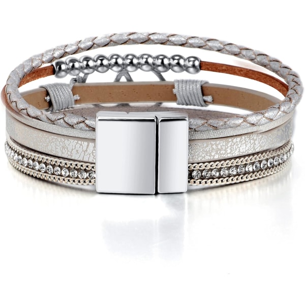 Leopardarmband för kvinnor, Boho Läderomslag Flerlagers pärlor Kristallarmband Armband Smycken B36:Double Circle(Silver) A7Feather