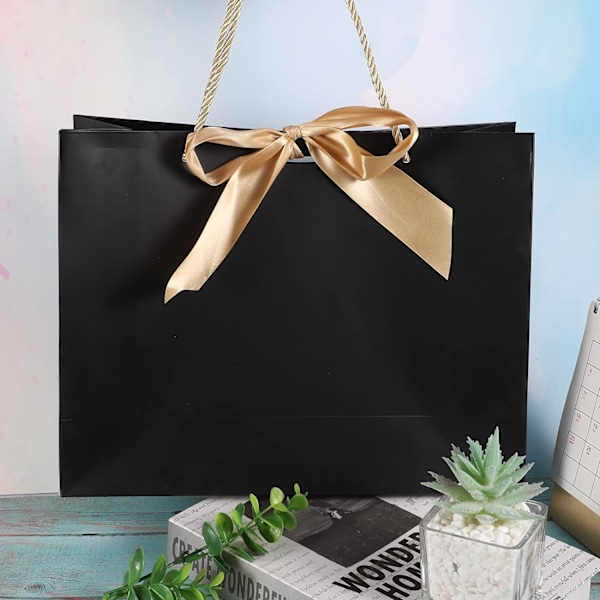 10 stk sorte gaveposer med gull sløyfebånd, papirfestpose med håndtak gaveposer store for bryllup, konfirmasjon, bursdagsfest, feiring black