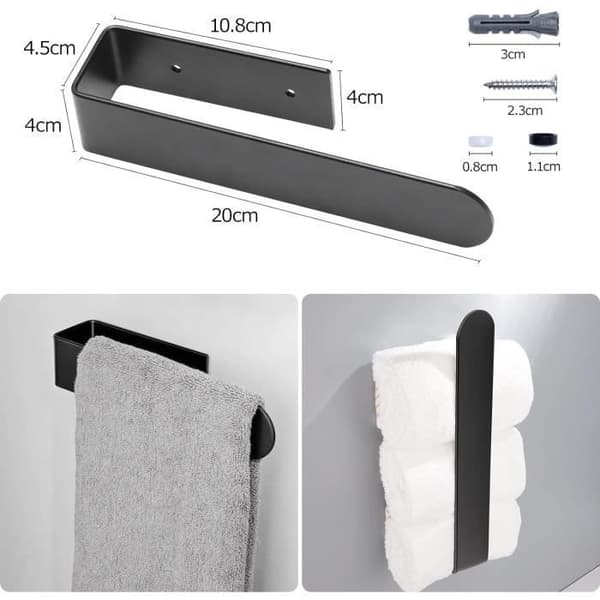 Håndklædeholder - Sort - Aluminium - 20 cm - Montering uden boring - Moderne design