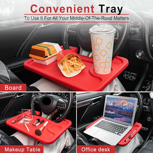 Bilstylratt skrivbord, röd (ABS, rektangulär), mångsidig resebricka för att äta, bärbar dator, surfplatta, iPad, mugghållare, kompatibel med de flesta bilar Red
