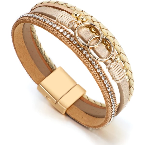 Leopardarmbånd for kvinner, Boho lær innpakning flerlags perle krystall armbånd bangle smykker B38:Double Circle(Khaki) A7Feather