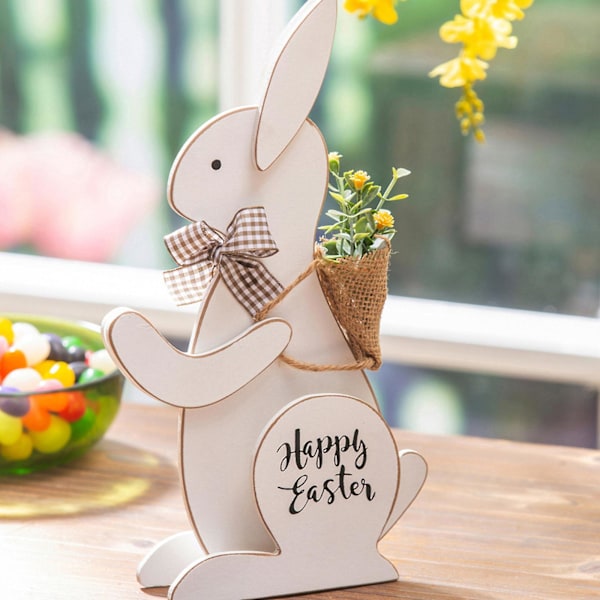 Glad Påske Ornament Træ Kanin Med Blomst På Ryggen Til Kreative Håndværk Til Hjem Soveværelse Stue Spisebord Dec