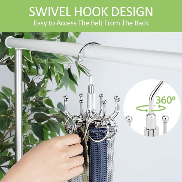 2-pakks belteholder for garderobe, svingbar beltearrangør med 16 kroker, rommer opptil 48 belter, metallrombesparende beltestativ slipsoppbevaring, sølv Silver 2 Pack