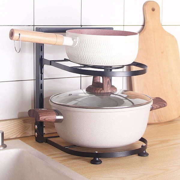Gryde- og pandearrangør til skab, påklikkelig og justerbar kraftig gryde- og pandestativ, grydearrangør til køkkenorganisation og opbevaring (2 niveauer) Classic Classic