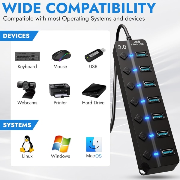 7-porters USB-hub 3.0 – Multi-USB-port-hub med individuelle brytere og lys – Flere porter USB-adapterplugg – Høyhastighets USB-forlenger for Flash