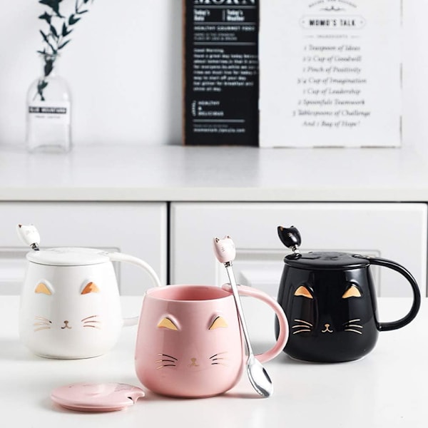 Svart kattmugg, söt kattunge keramisk kaffemugg med rostfritt stål sked, nyhet kaffemugg kopp för kattälskare kvinnor flickor Black