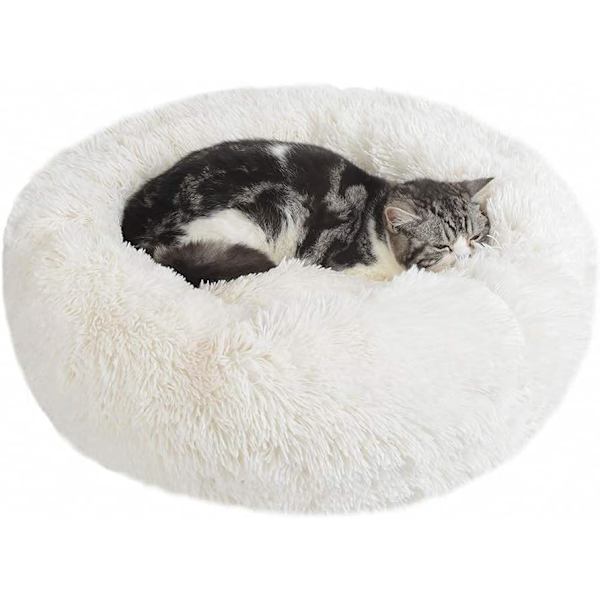 Rolig Hundeseng Donut - 19,7 tommer Fluffy Plys Puppy Kitten Cuddler Rund Seng, Varm og Blød Kæledyr Hyggelig Anti Angst Senge med Skridsikker Bund og White 50.00 x 50.00 x 20.00 cm (L x W x H)