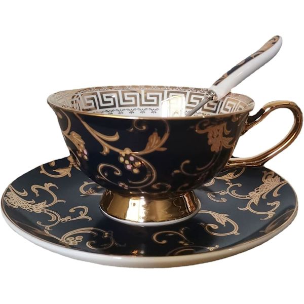 ® YBK Tech Euro Style Benporslinskopp & Fatbricka Set, Keramisk Te- & Kaffeekopp för Hem, Kök, Bröllop (Retro Blommönster - Mörkblå) Retro Flower Pattern Dark Blue
