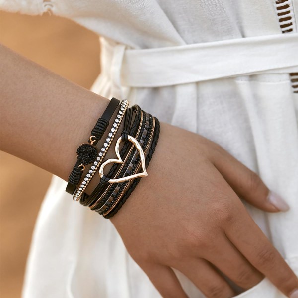 Leopard Armbånd til Kvinder, Boho Læder Wrap Multi-Layer Perle Krystal Armbånd Smykker B29:Heart Leather(Black) A7Feather