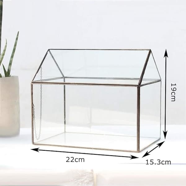 Geometriskt terrarium husformat glashus för mossa, ormbunke, suckulent med gångjärnslock, guld