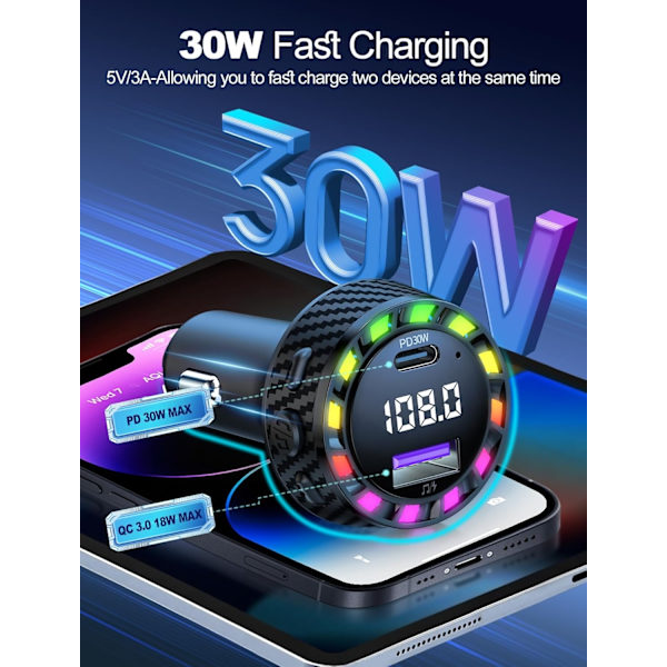 PRMHOOT Handsfree Bluetooth för Bil, 30W FM-sändare Bluetooth Handsfree Samtal i Bil, Stöder USB-disk