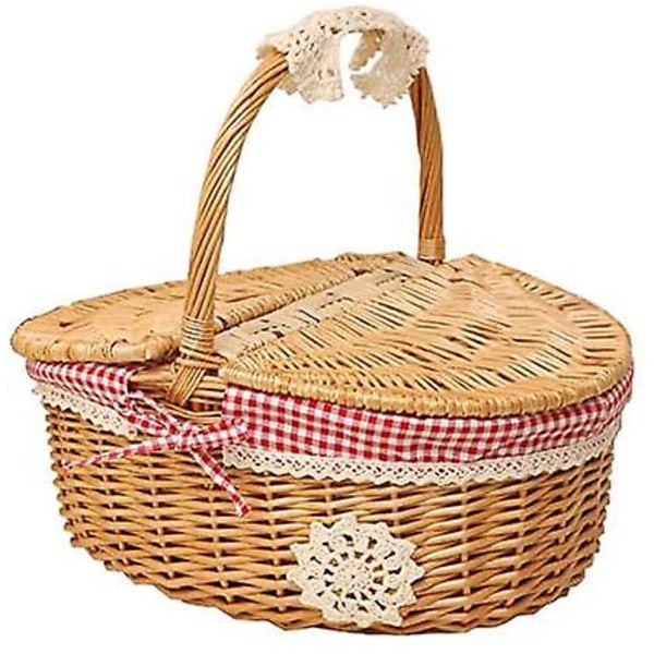Vævet picnic-kurve med låg - landlig stil med rød- og hvidternet bomuldsfor