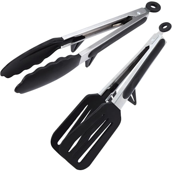 Kjøkkentenger med hvileanordning, 9 tommers silikonspatel, rustfritt stål non-stick grunnleggende matlagingstenger, egnet for baking, steking, servering Black2pcs(26cm)
