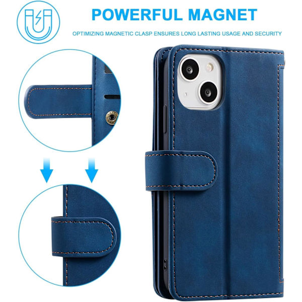 Plånboksfodral för iPhone 15 6,1 tum, Retro 9 kortfack Dragkedja Handväska Fodral PU Läder Magnetisk Stängning Stativ med handledsrem TP Blue iPhone 15 6.1 inch