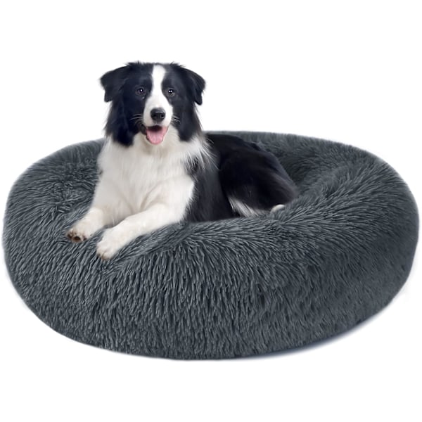 Rolig Hundeseng Donut - Blød Plys Hvalp Killing Kæle Rund Seng, Varm og Blød Kæledyr Hyggelig Anti-Angst Senge med Skridsikker Bund og Vaskbar Dark Grey 90.00 x 90.00 x 20.00 cm (L x W x H)