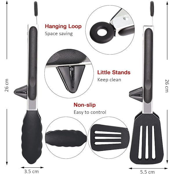 Kjøkkentenger med hvileanordning, 9 tommers silikonspatel, rustfritt stål non-stick grunnleggende matlagingstenger, egnet for baking, steking, servering Black2pcs(26cm)