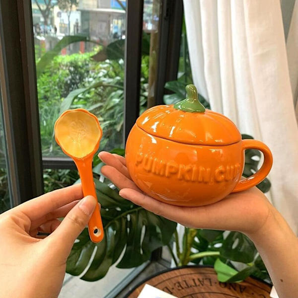 YBK Tech Søt Gresskar Kopp, Keramisk Kaffe Krus, 8.5oz Te Kopp med Lokk (Kopp+ Skje+ Silikon Hånd (Skrell og Lim)) Orange 250ml Cup& Spoon& Hand
