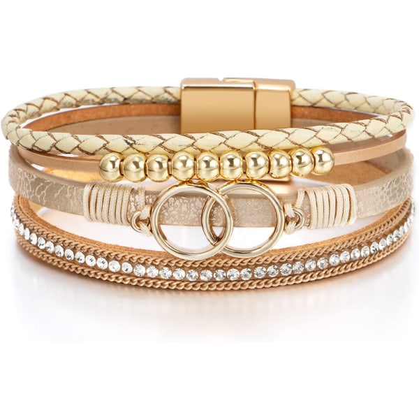 Leopard armbånd til kvinder, Boho læder wrap flerlags perle krystal armbånd armbånd smykker B38:Double Circle(Khaki) A7Feather