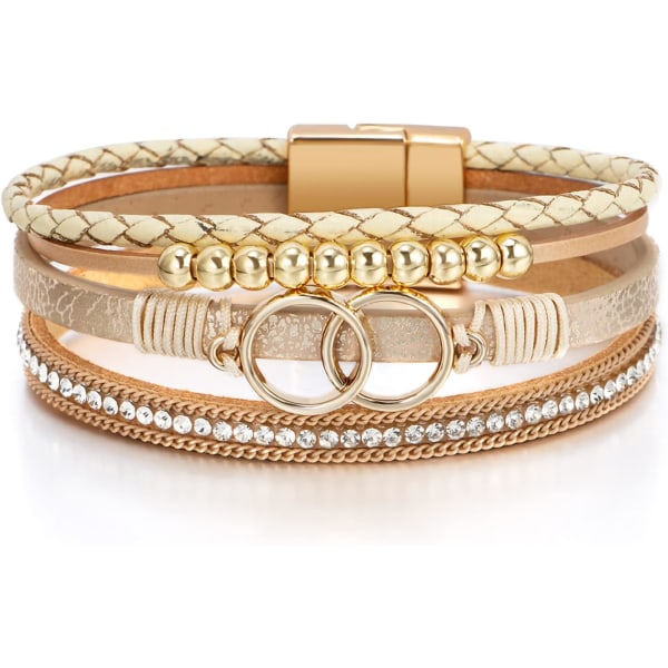 Leopardarmbånd for kvinner, Boho lær innpakning flerlags perle krystall armbånd bangle smykker B38:Double Circle(Khaki) A7Feather