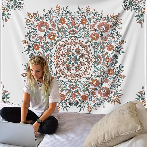 Mandala Flower Tapestry - Boho White Tapestry Skitse Blomster til hjemmet soveværelse Vægdekor M: (70,9" X 90,6")
