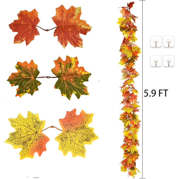 2 Pakke Efterårsguirlande Ahornblad, 5,9Ft/Stykke Hængende Vingguirlande Kunstig Efterårsløv Guirlande Thanksgiving Dekoration til Hjem Bryllup Pejs Light Green