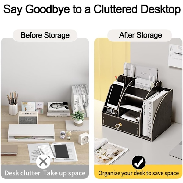 Opgraderet træ skrivebord stationær arrangør med telefon dockingstation, skrivebord opbevaring arrangør caddy med skuffe og reol blyantholder Stora B201 Black