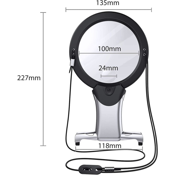 Hands-free-suurennuslasi, ammattimainen 2-in-1-suurennuslasi, valaistu hands-free-suurennuslasi jättimäisellä suurella lasilla ja 2 kirkkaalla LED-valolla lukemiseen