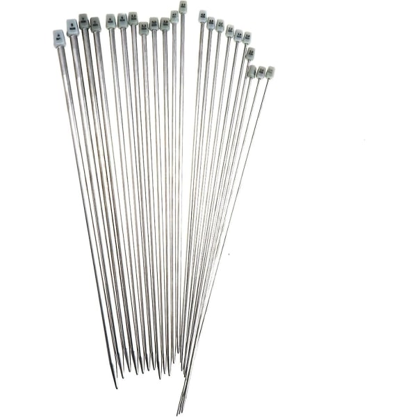 Strikkepinner, enkeltspissede strikkepinner i rustfritt stål (11 stk, sølv)