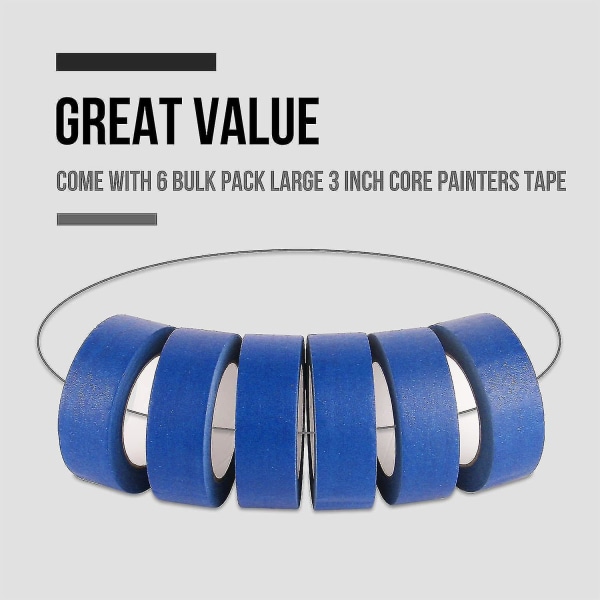 Tape Bred 1,5 Tommer, Maskering Blå Malertape Bulk Pack, 6 Ruller X 1,5 Tommer X 55 Yards (330 Total Yards)