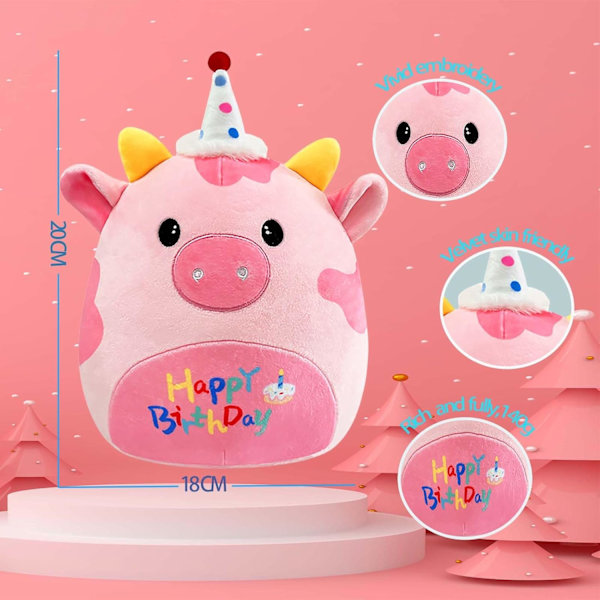 20cm Happy Birthday Rosa Unicorn Ku Soft Plush Leke, 8\" Søt Bursdag Squishy Ku Bursdag Plush Pute Leke, Stoffdyr Ku Plushies Leke Gave Pink Cow