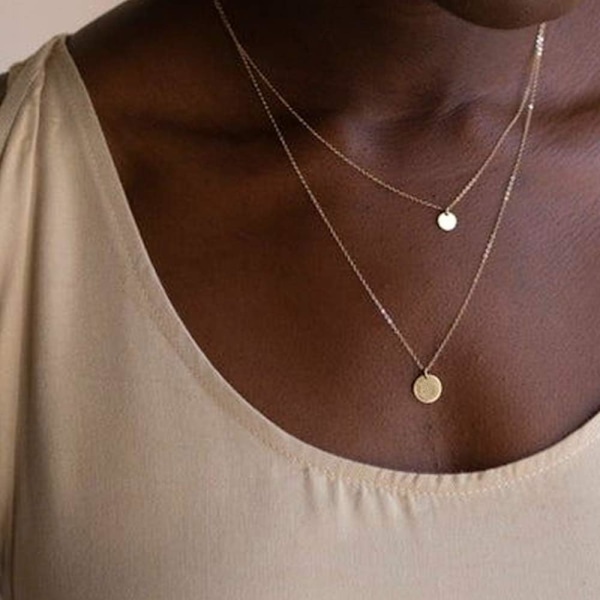 Fint lagdelt choker-kjede, håndlaget 14K gullbelagt Y-anheng kjede flerlags stangskive kjede justerbare lagdeling choker-kjede for kvinner 2PCS  Small Disc&Disc 3PCS  Chain&Bar&Hammered Disc