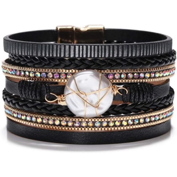 Leopardarmbånd for kvinner, Boho Leather Wrap Multi-Layer Pearl Crystal Armbånd Bangle smykker B14Round Pearl(Black) A7Feather