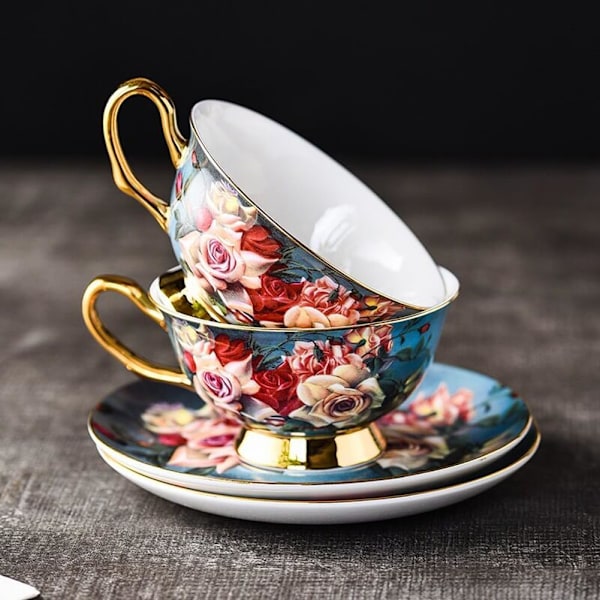 YBK Tech Euro Style Luu-Kiina Kupin ja Aluslautasen Sarja, Keramiikka Tee- ja Kahvikuppeja Kotiin, Keittiöön ja Hääjuhliin (Vintage Rose -Kuvio) Vintage Rose Pattern