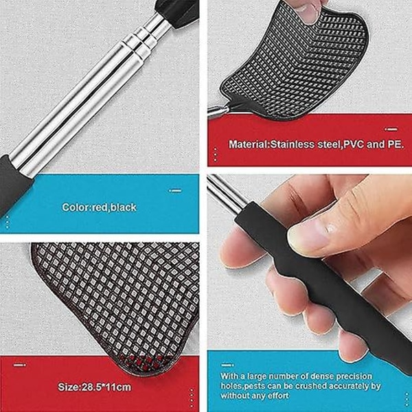 Retractable Fly Swatter (musta + punainen), Retractable Fly Swatter, Kestävä ja tukeva teleskooppikahva, Kevyt manuaalinen tuholaistorjunta