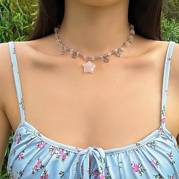 Stjerne Charms Vedhæng Choker Y2K Helbredende Krystal Halskæde Sommer Smykker med Sølvkæder til Teenagere Piger Kvinder Pink One size