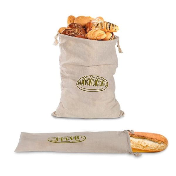 2 stk Gjenbrukbar linbrødpose, fransk baguettesnørepose, bomullsbrødpose, matoppbevarings linpose